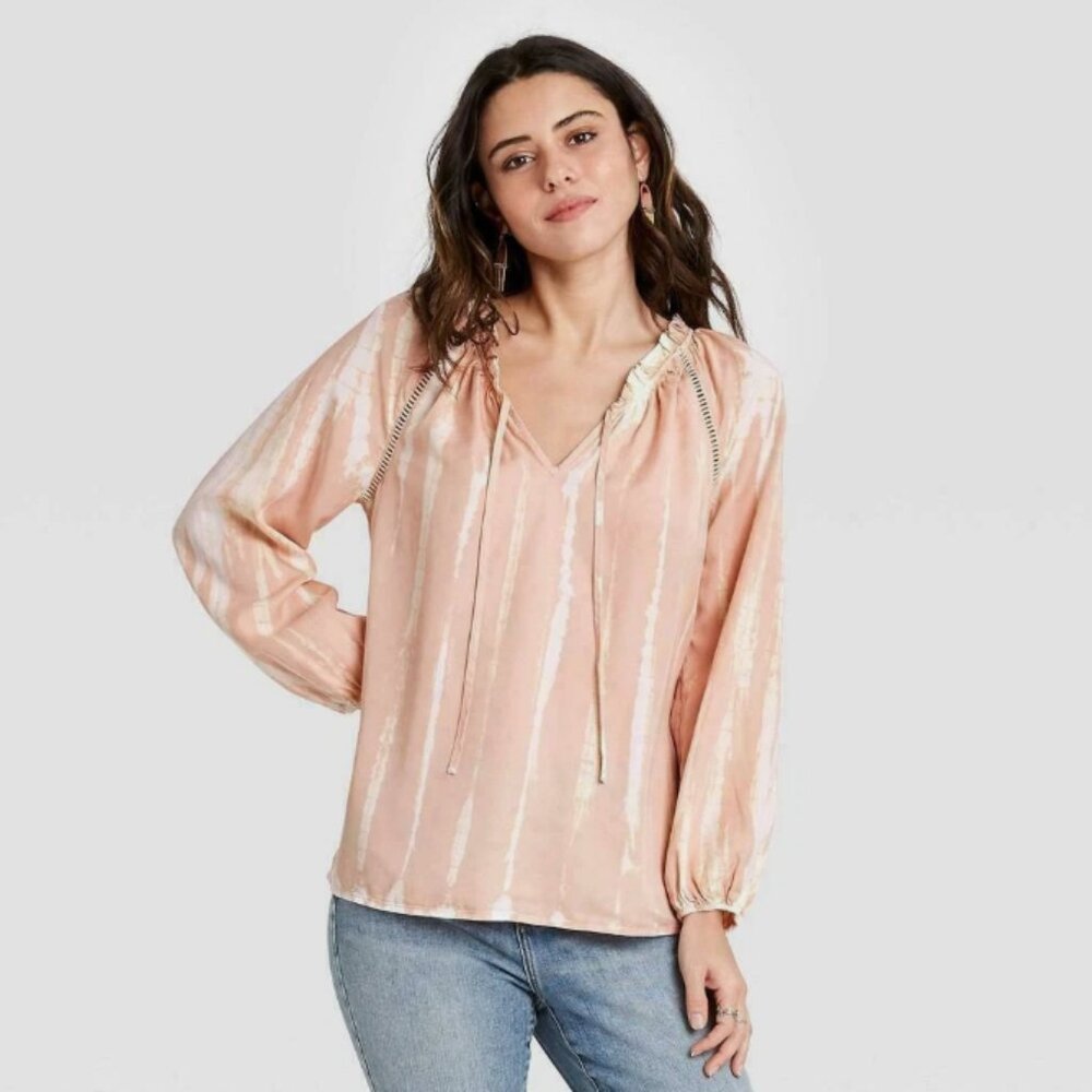 Knox Rose Pink Tie-Dye Long Sleeve Ruffle Top S